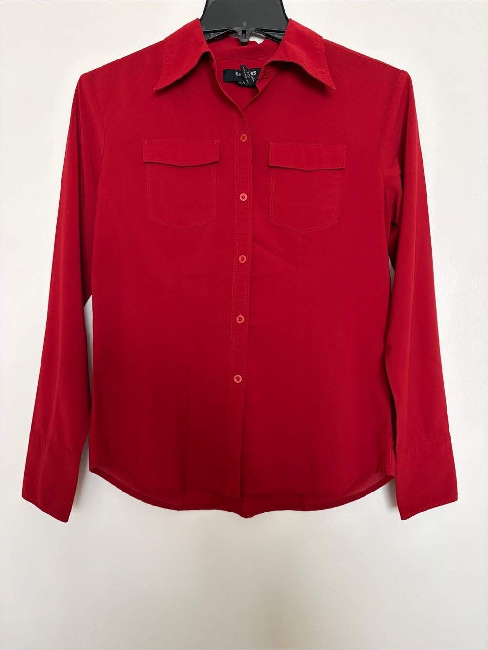 Lot of TWO Express Women’s Size 1/2 Button-Up Long Sleeve Blouses, Red and Blue